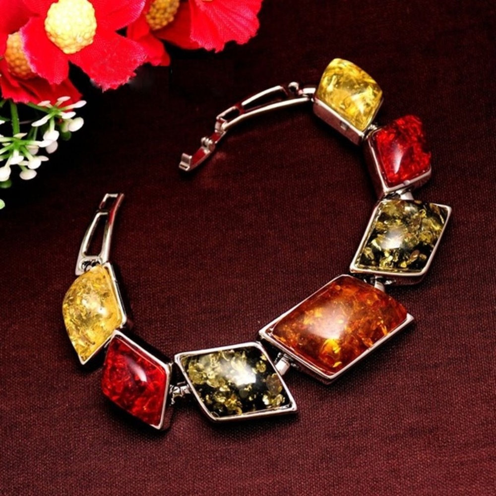 Multicolored Amber Silver tone Bracelet